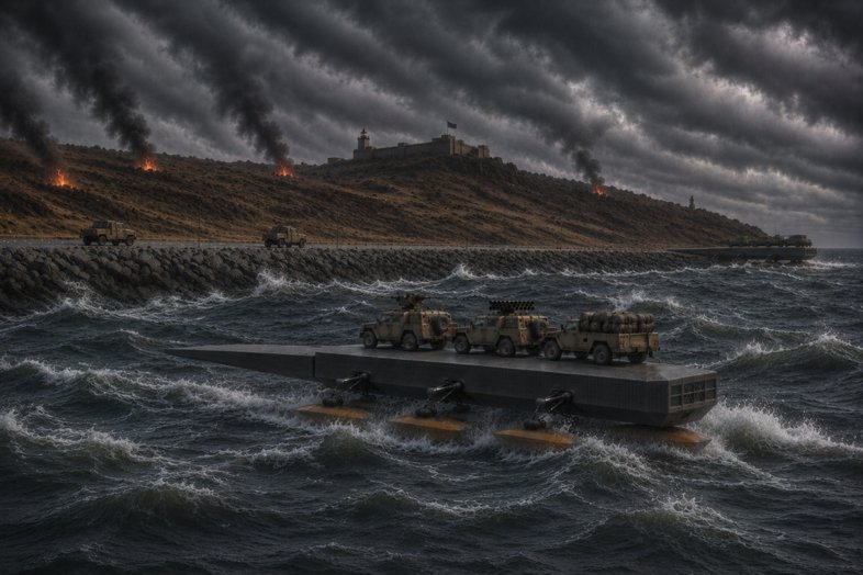 LEAP Lander concept rendering: an amphibious landing platform carrying armored vehicles through rough seas toward an unprepared shoreline